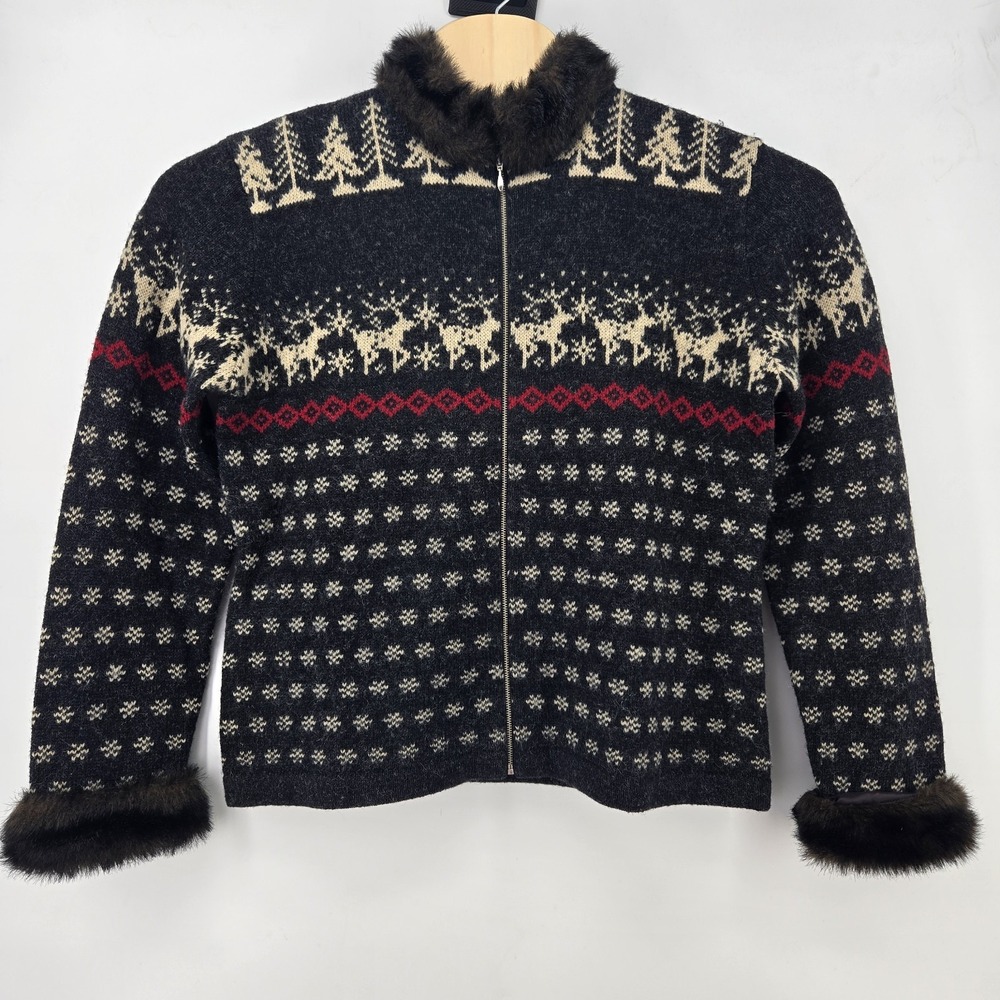 SKYR Full Zip Cardigan Sweater Womens Lrg Wool Fair Isle Reindeer Snowflake Apre